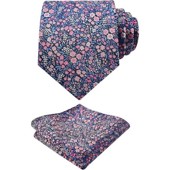 mens floral tie and pocket square set wedding business formal suit accessories - Picture 7 of 7